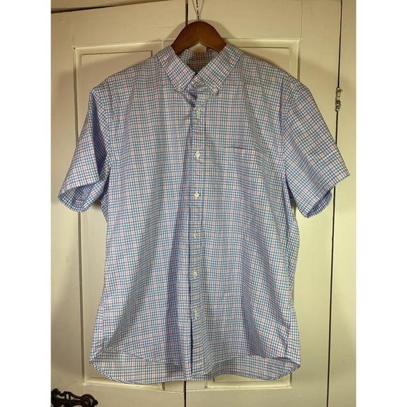 J Crew Button Shirt Mens XL 17-17.5 Flex Short Sleeve Blue Pink Check Stretch - Picture 2 of 12